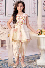 Cream Sleeveless With Sequins Embroidered Dhoti Set For Girls