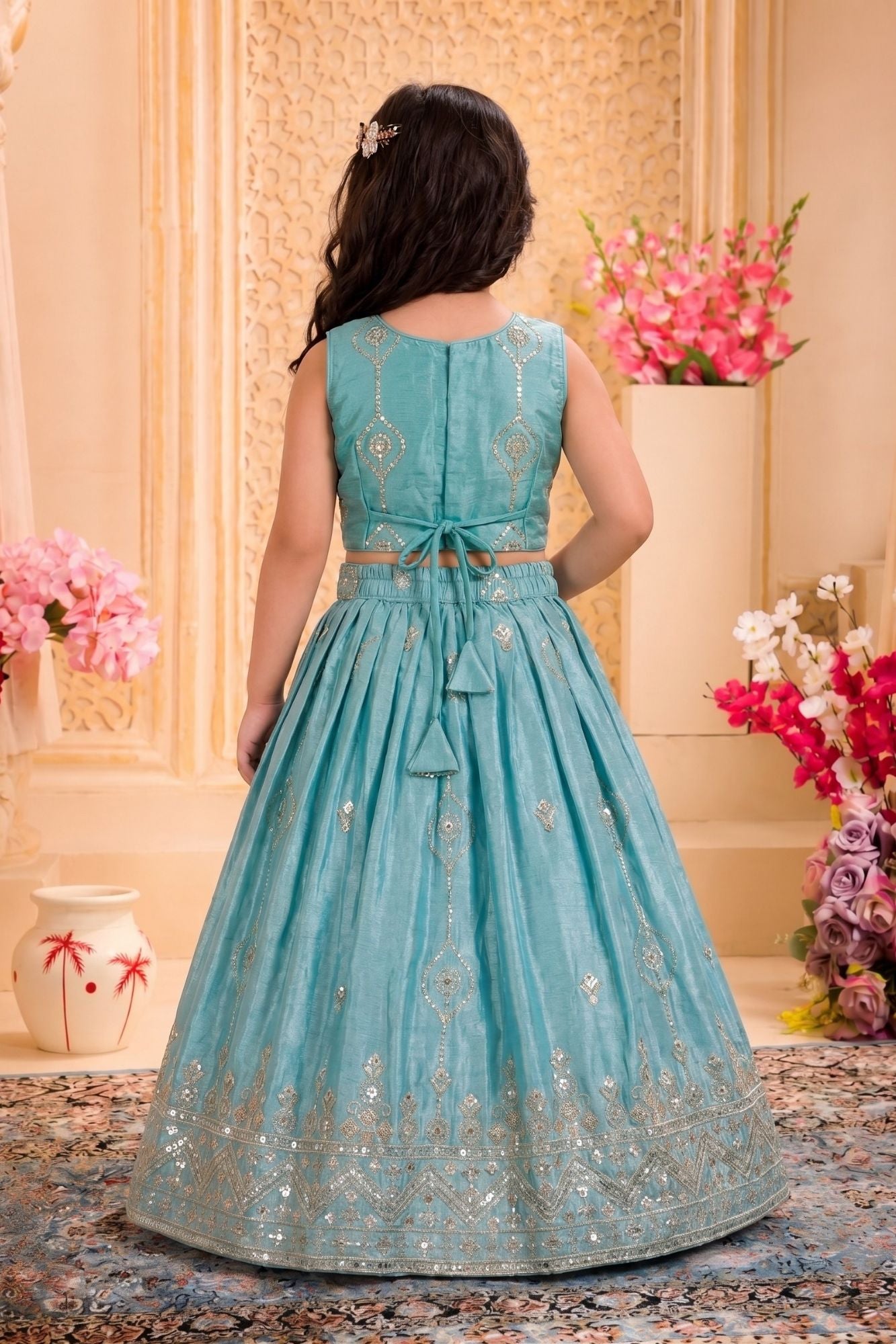 Aqua Blue Sequined Embroidered Lehenga Choli with Dupatta