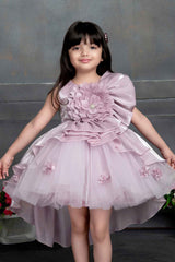 Misty Mauve High Low Partywear Frock With Floral Embellishments  For Girls