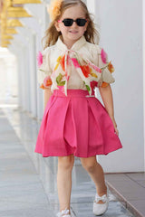 Pink Puffed Sleeves And Floral Embellished Top And Skirt Set For Girls