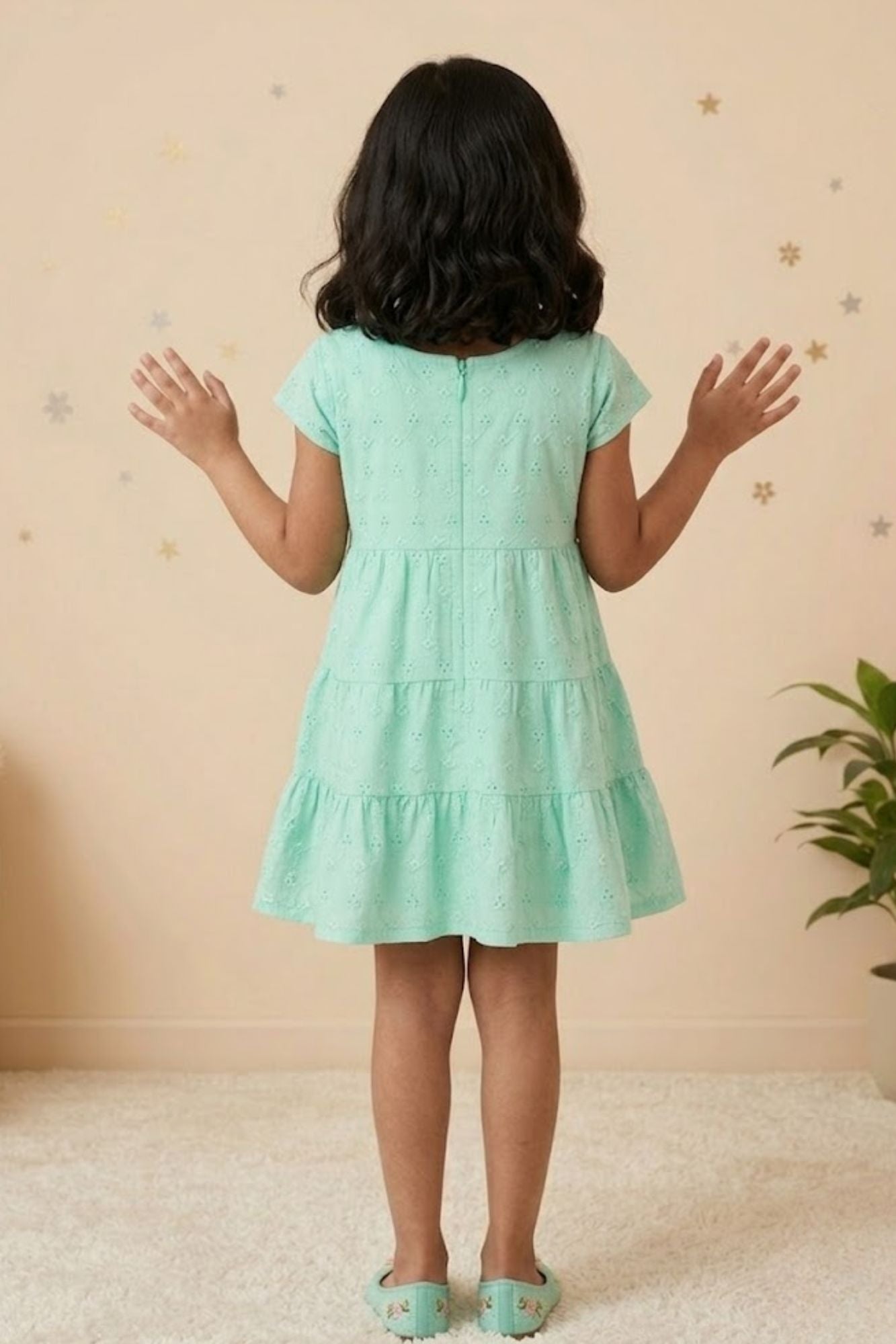 Elegant Turquoise Hakoba And Embroidered Frock For Girls