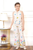 Cream Floral Embroidered Halter Co-ord Set for Girls