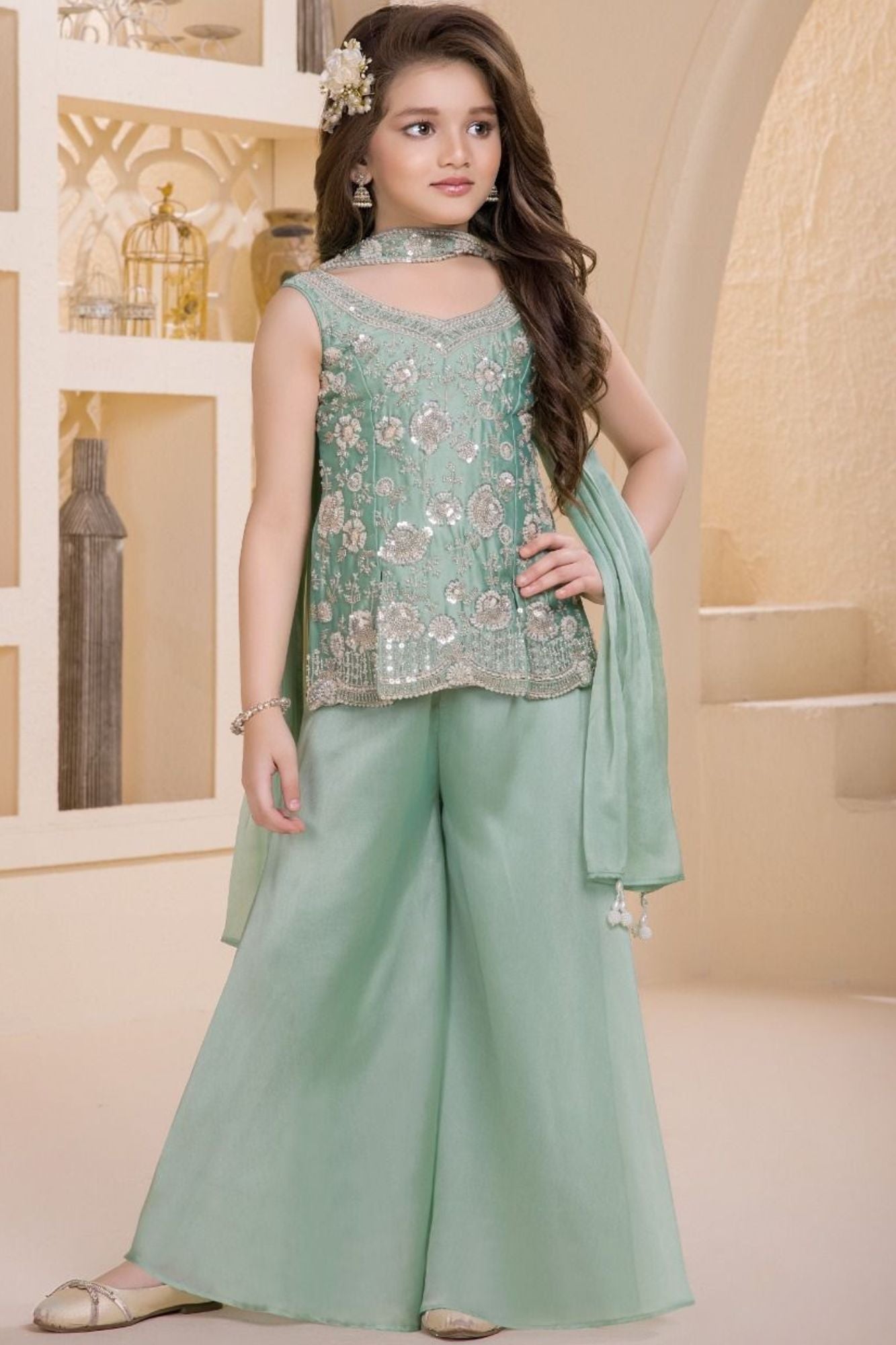 Pista Green Embroidered Georgette Palazzo Set For Girls