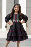 Black Ruffle Tiered Dress with Multicolor Embroidery For Girls