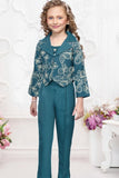Teal Embroidered Co-ord Set with Cropped Jacket For Girls