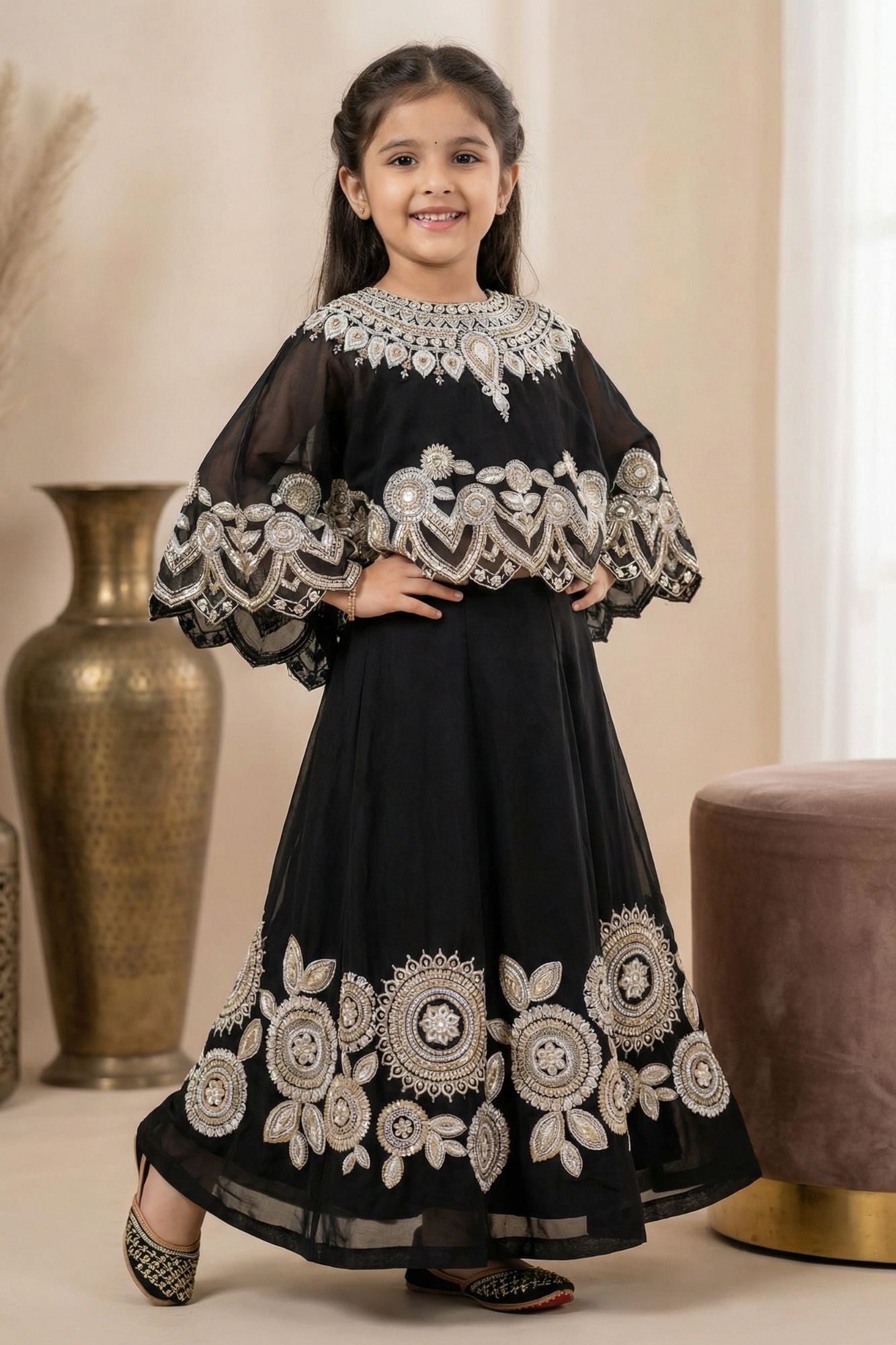 Designer Black Lehenga Choli with Embroidered Cape For Girls