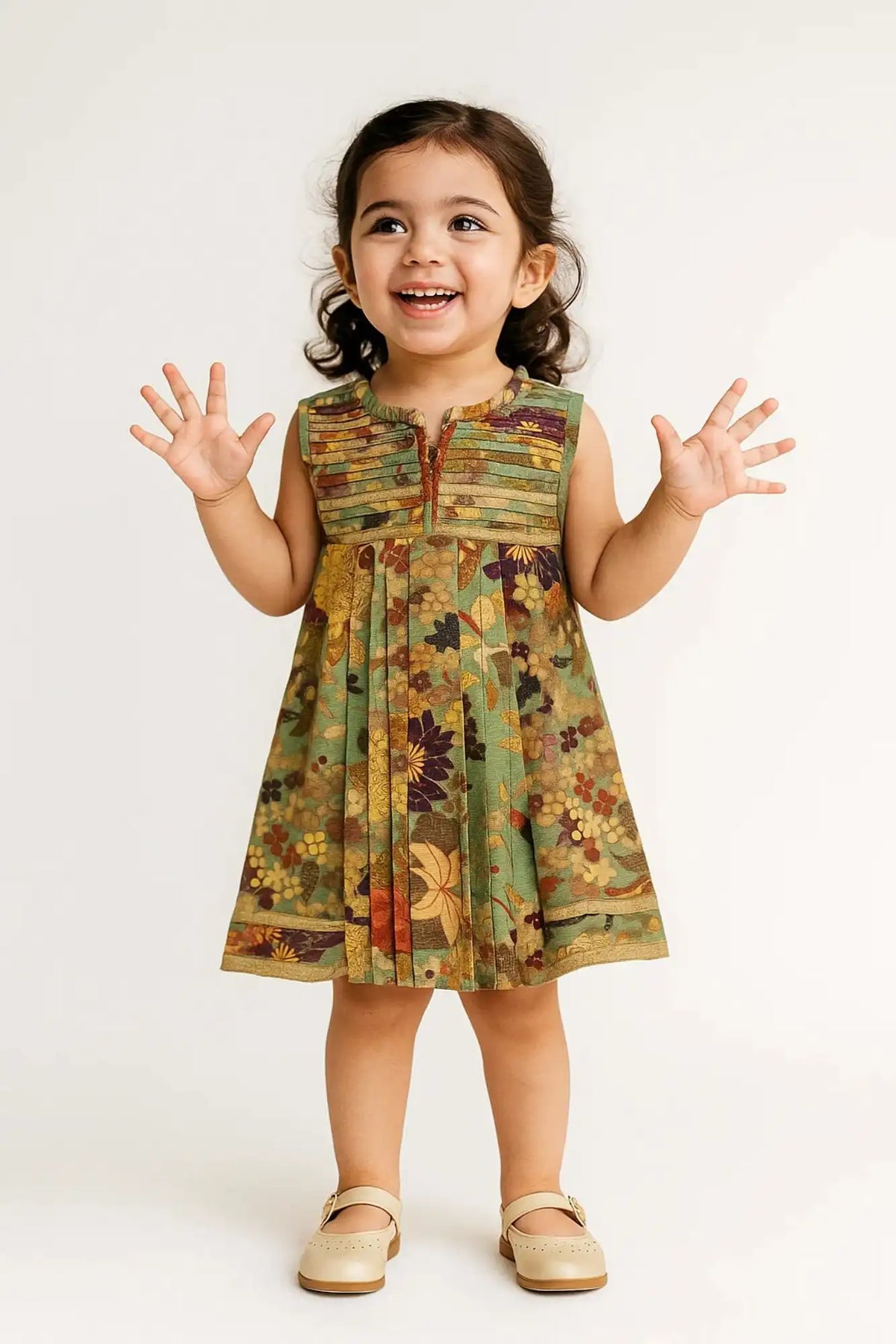 Green Multicolor Pleated Sequins Embroidered Floral Dress For Girls