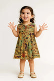 Green Multicolor Pleated Sequins Embroidered Floral Dress For Girls