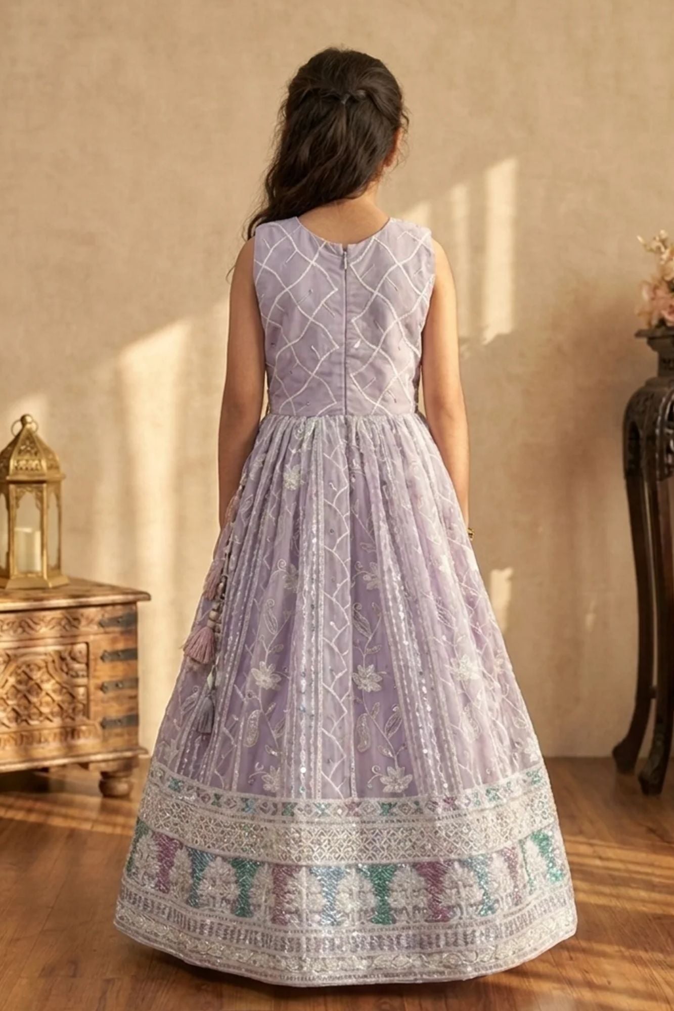 Lavender Embroidered Ethnic Gown with Tassel Detailing for Girls