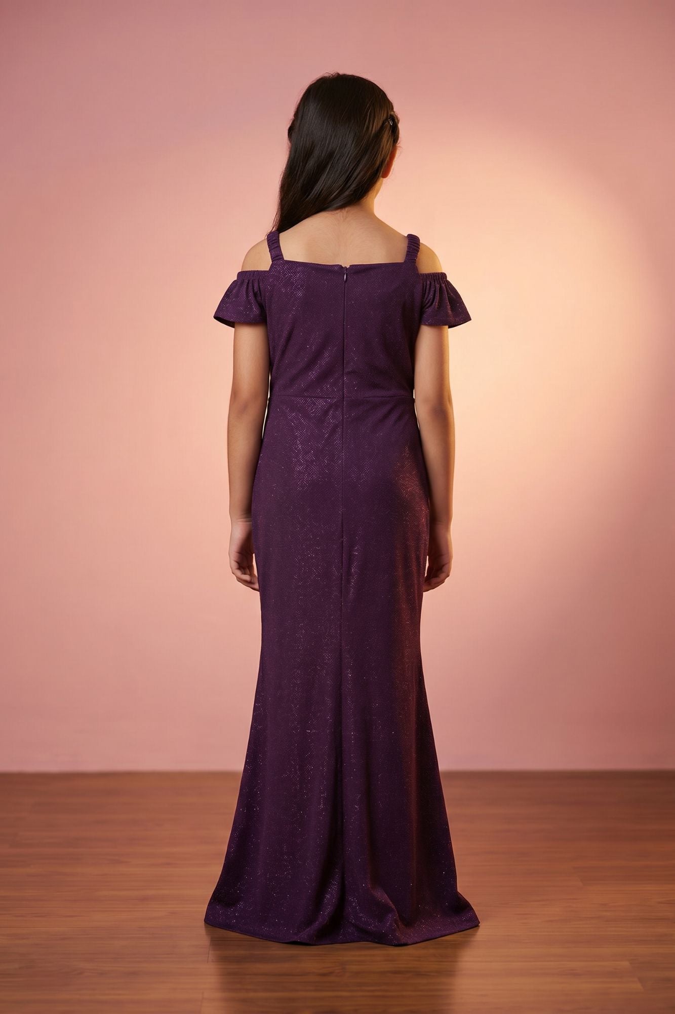 Purple Glitter Cold-Shoulder Mermaid Gown with Matching Arm Sleeves For Girls