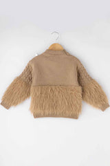 Brown Pullover With Fur And Bow Embellished For Girls