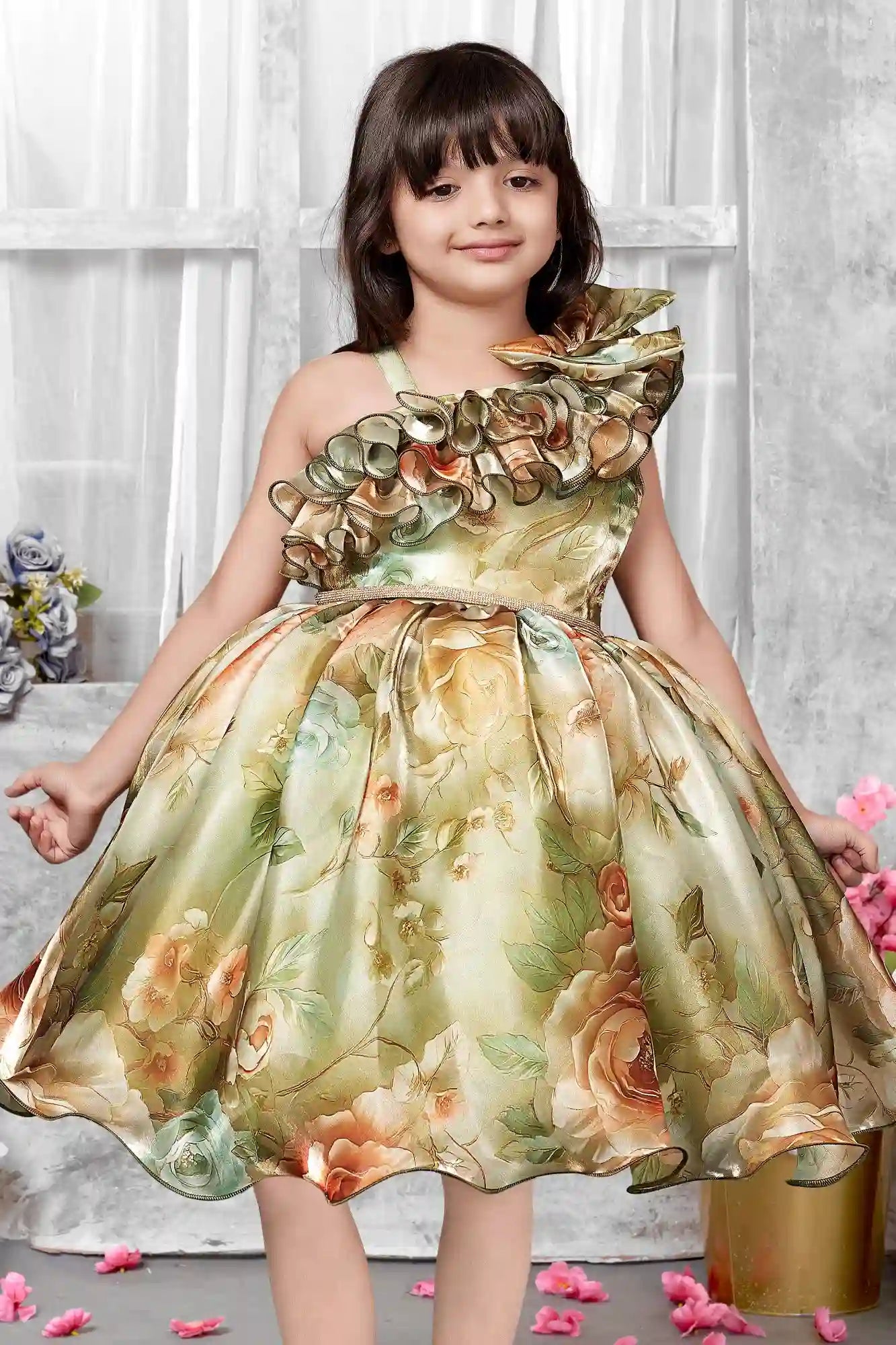 One-Shoulder Floral Party Dress with Ruffle Neckline For Girls