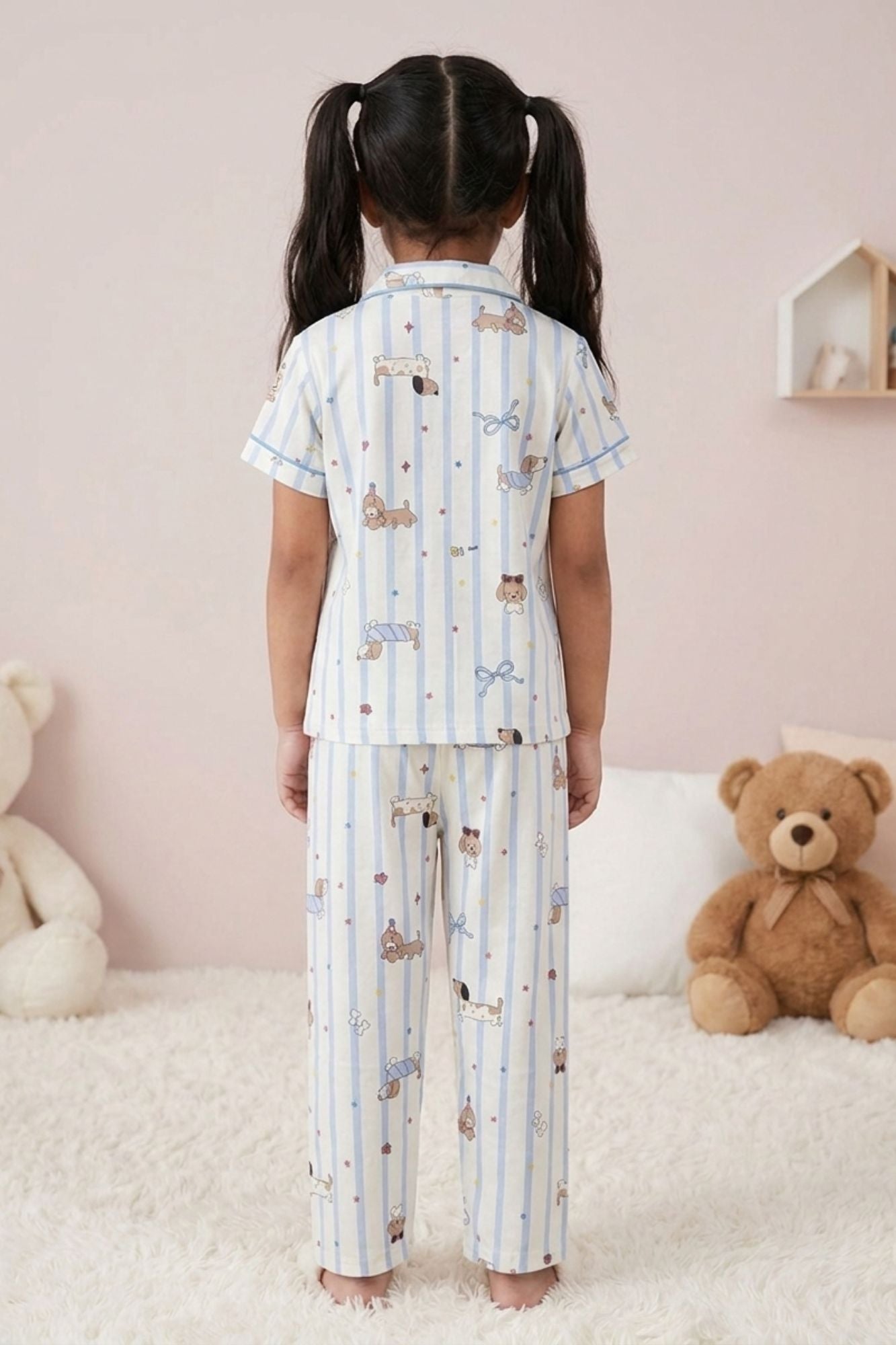 Girls Blue Striped Teddy Print Night Suit Set
