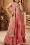 Girls Dusty Pink Embroidered Palazzo Set with Jacket And Crop Top