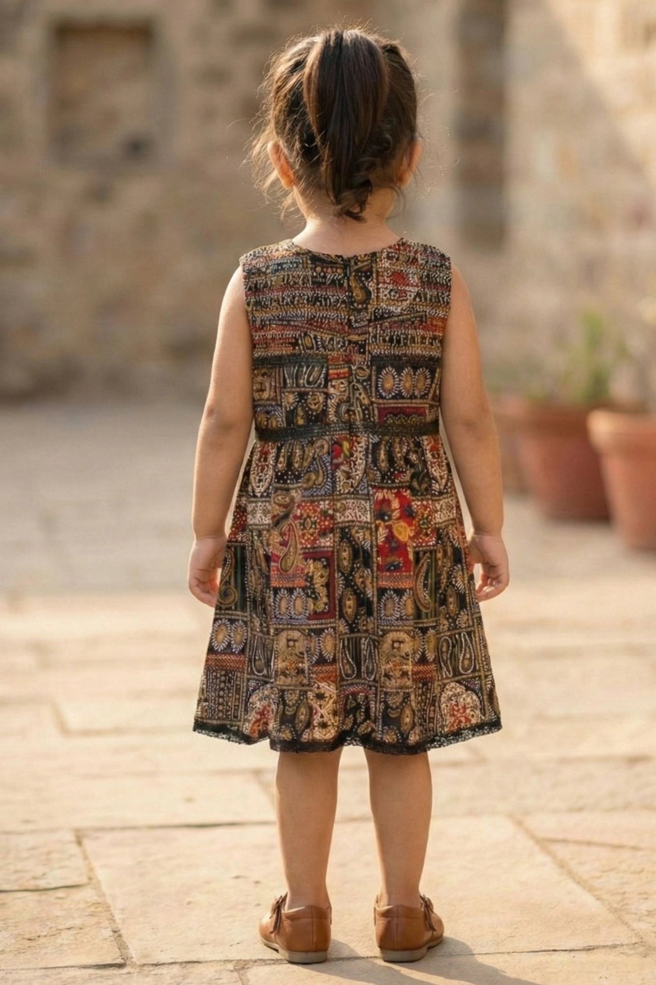 Black Boho-Style Multicolor Printed Casual Dress For Girls