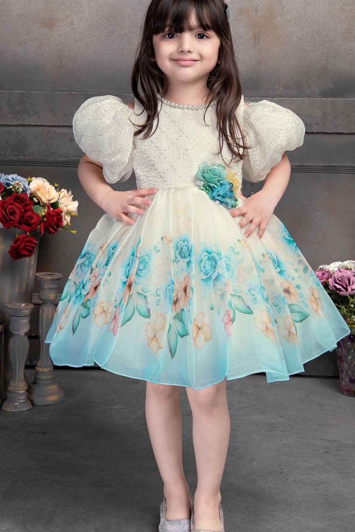 White sequin and thread work frock for girls