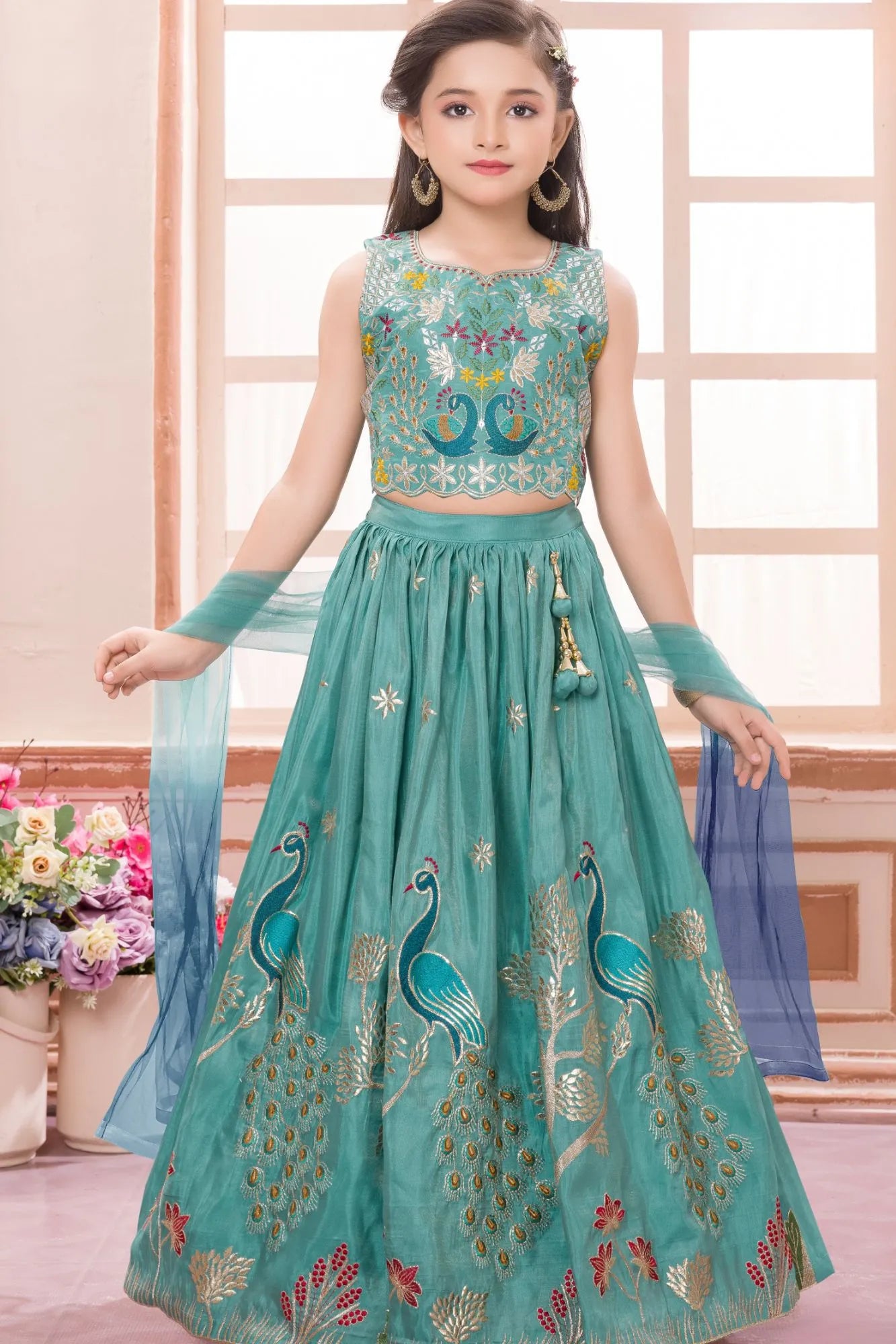 Teal Green Peacock Embroidered Lehenga Choli with Dupatta For Girls