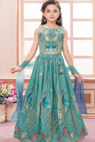 Teal Green Peacock Embroidered Lehenga Choli with Dupatta For Girls
