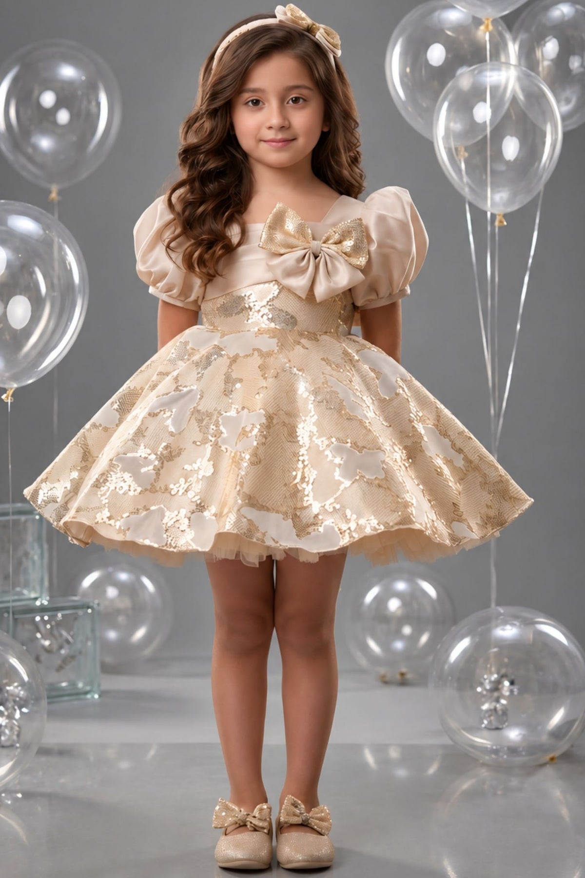 Girls Gold And White Floral  Bow Detail Party Wear Frock