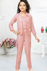 Pink Mirror Work Co Ord Set With Overcoat For Girls