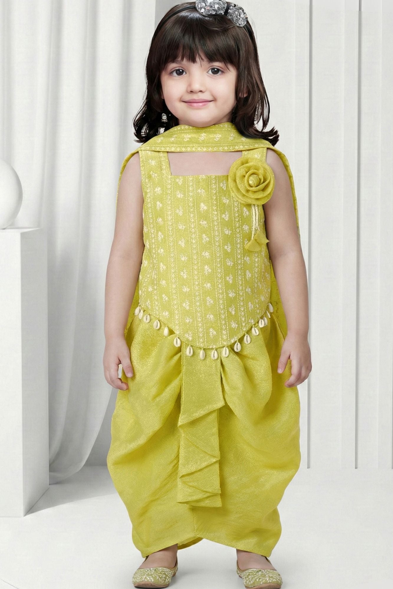 Light Green Floral Dhoti Set with Cowrie Shell Detailing For Girls
