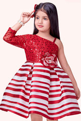 Red Sequin And Floral Embellished Party Wear Frock For Girls