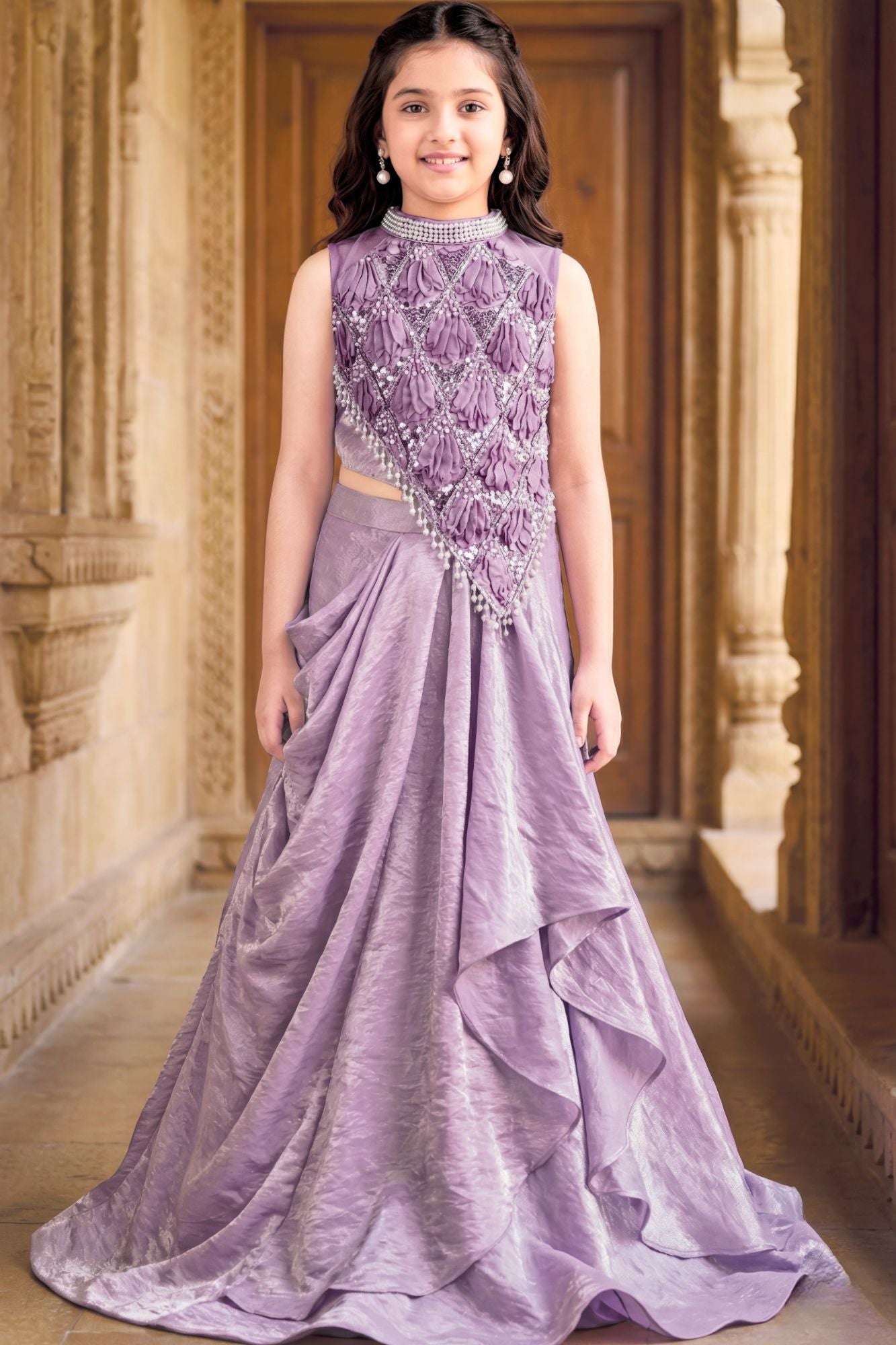 Lavender Embellished Draped Lehenga Set For Girls