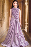 Lavender Embellished Draped Lehenga Set For Girls