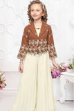 Brown and Cream Embroidered Wide Legged Pant Set With Jacket For Girls