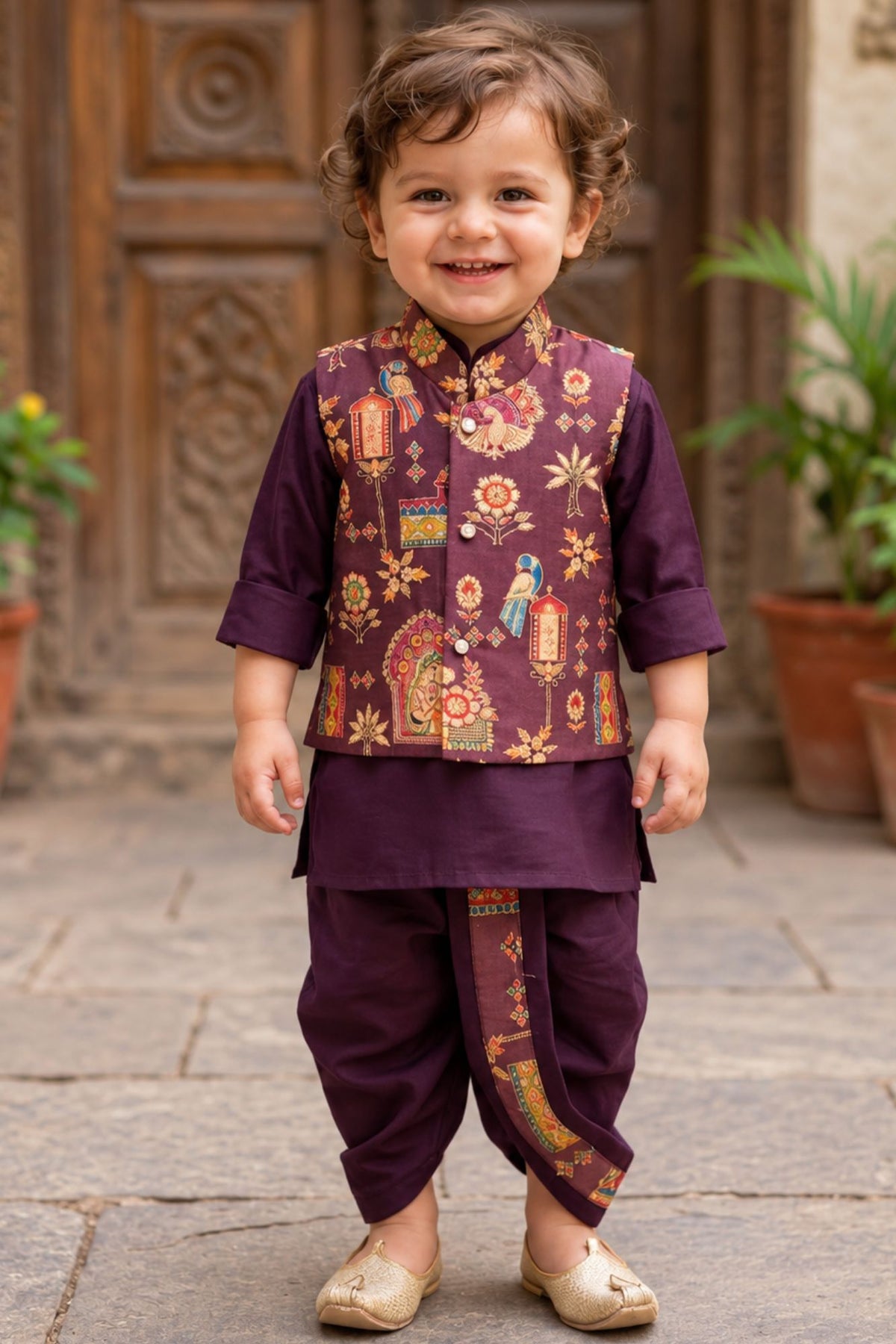 Boys Wine Printed Waistcoat Dhoti Kurta Set