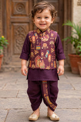 Boys Wine Printed Waistcoat Dhoti Kurta Set
