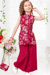 Rani Pink Sequins Embroidery And Printed Palazzo Set With Sling Bag For Girls