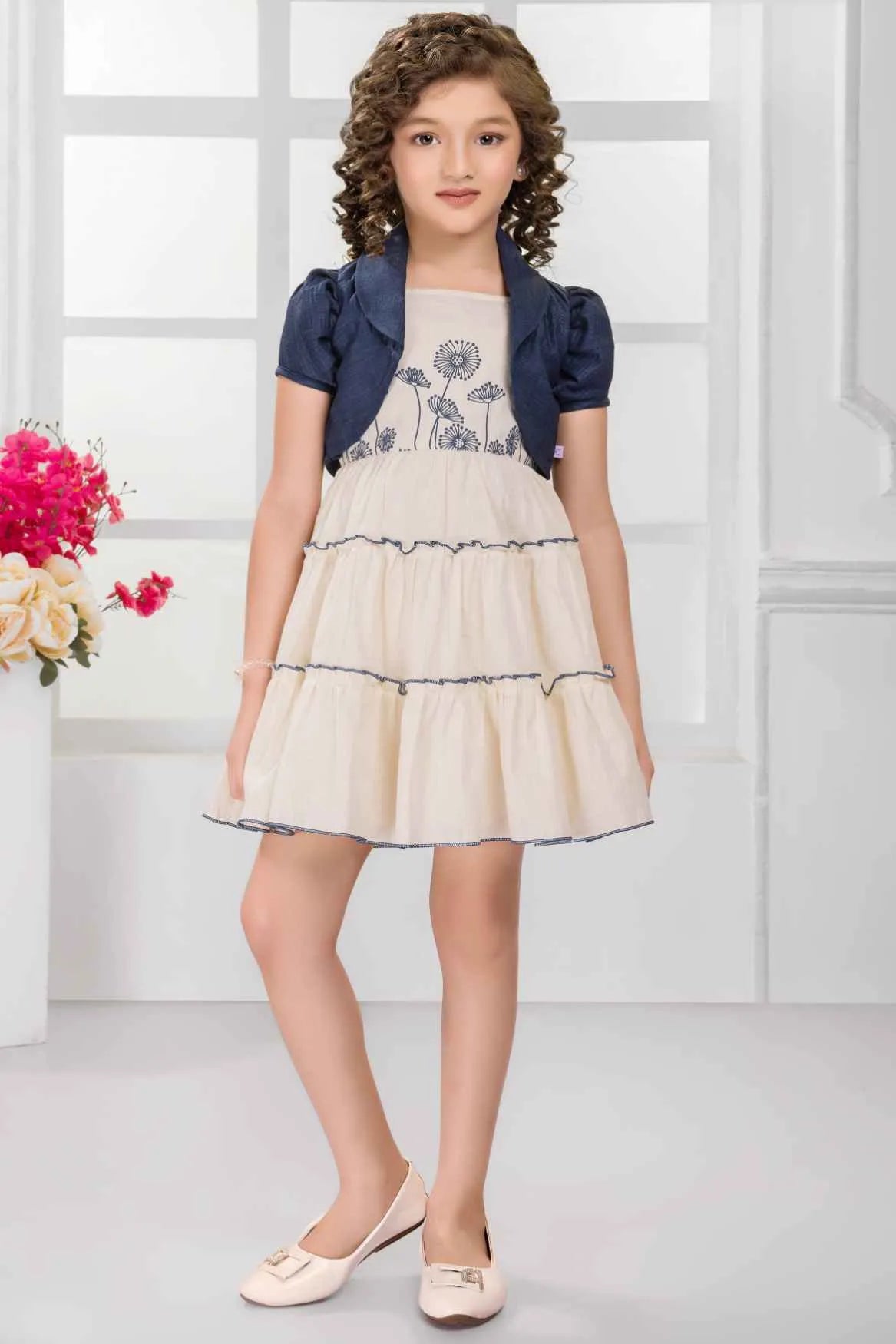 Cream Tiered Dress with Blue Shrug and Embroidered Bodice For Girls