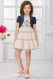Cream Tiered Dress with Blue Shrug and Embroidered Bodice For Girls