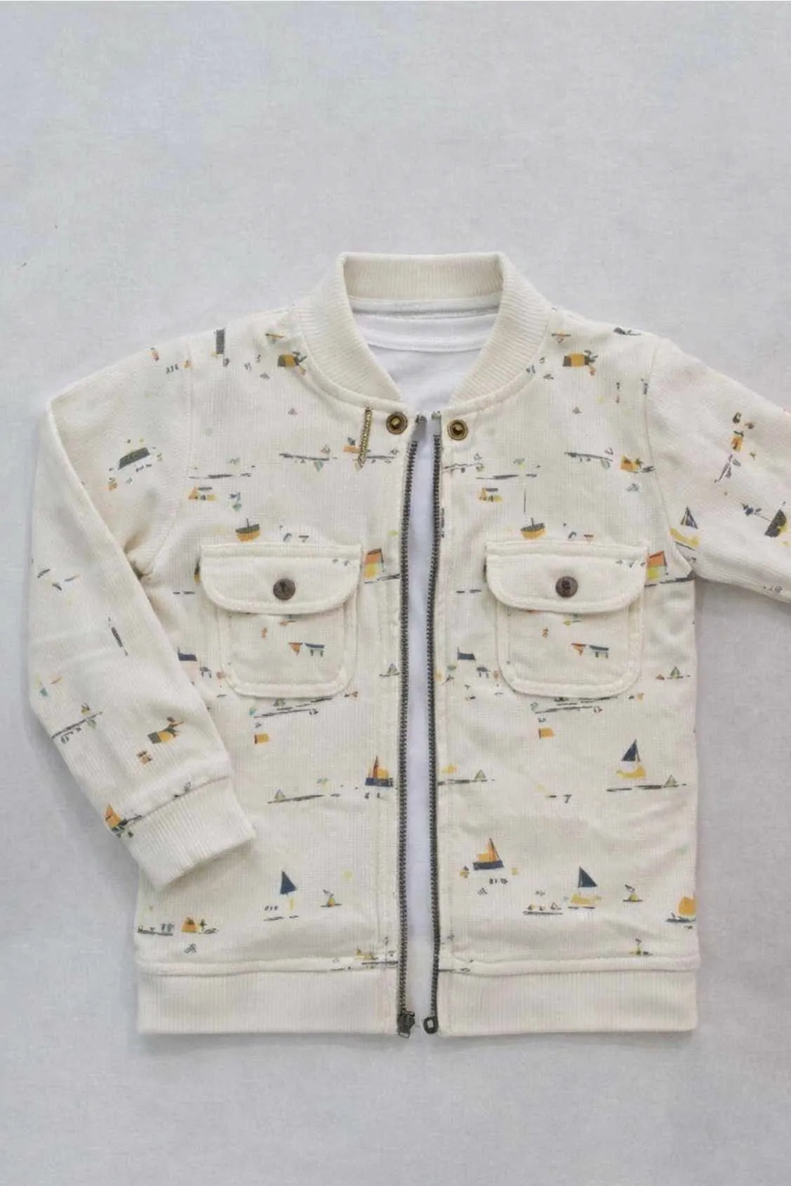 Cream Printed Full-Sleeve Jacket with Front Zip For Boys