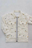 Cream Printed Full-Sleeve Jacket with Front Zip For Boys