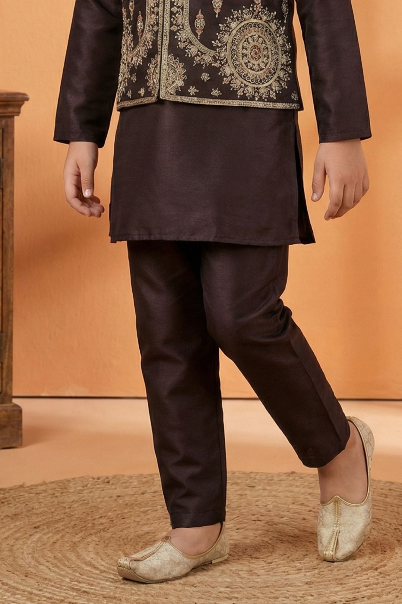 Wine Embroidered Kurta Set with Nehru Jacket For Boys