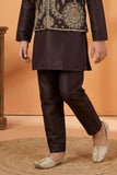Wine Embroidered Kurta Set with Nehru Jacket For Boys