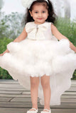 White Ruffle Party Tailback Frock With Sequin Work Oversized Bow For Girls