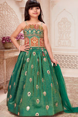 Girls Green Embroidered Lehenga Choli Set with Dupatta