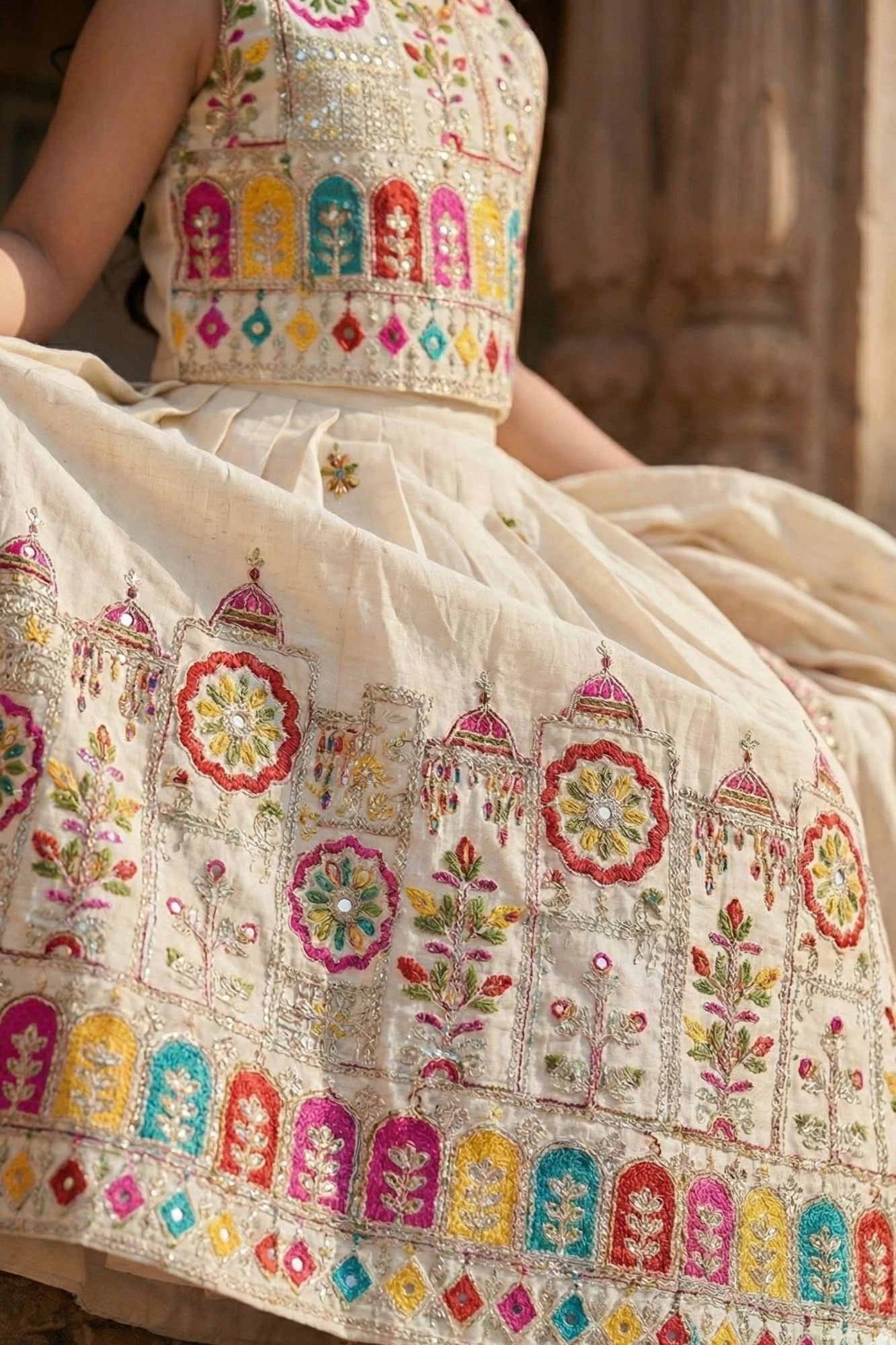 Elegant Cream With Multicolor Embroidered Lehenga Choli Set For Girls