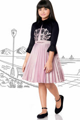 Onion Pink Frock With Black Printed Overcoat For Girls