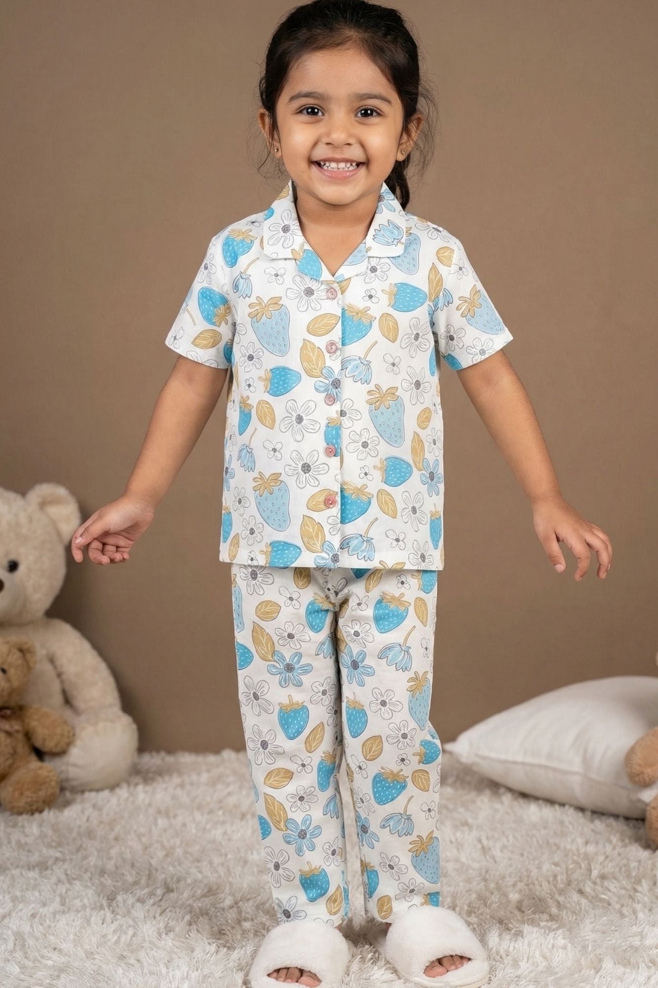 White Strawberry Floral Printed Night Suit Set For Girls