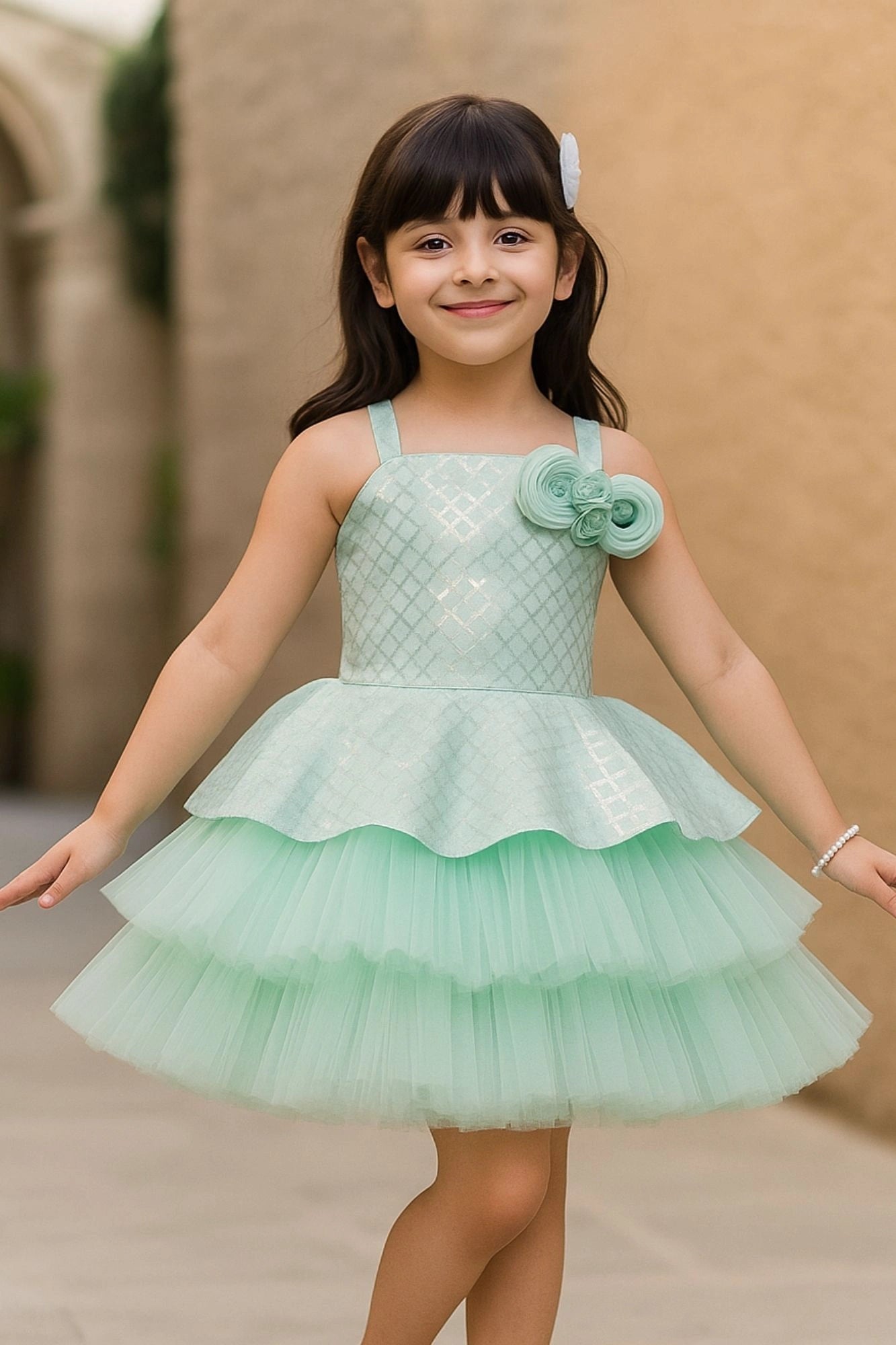 Sea Green & Silver Layered Party Frock with Shoulder Bow For Girls
