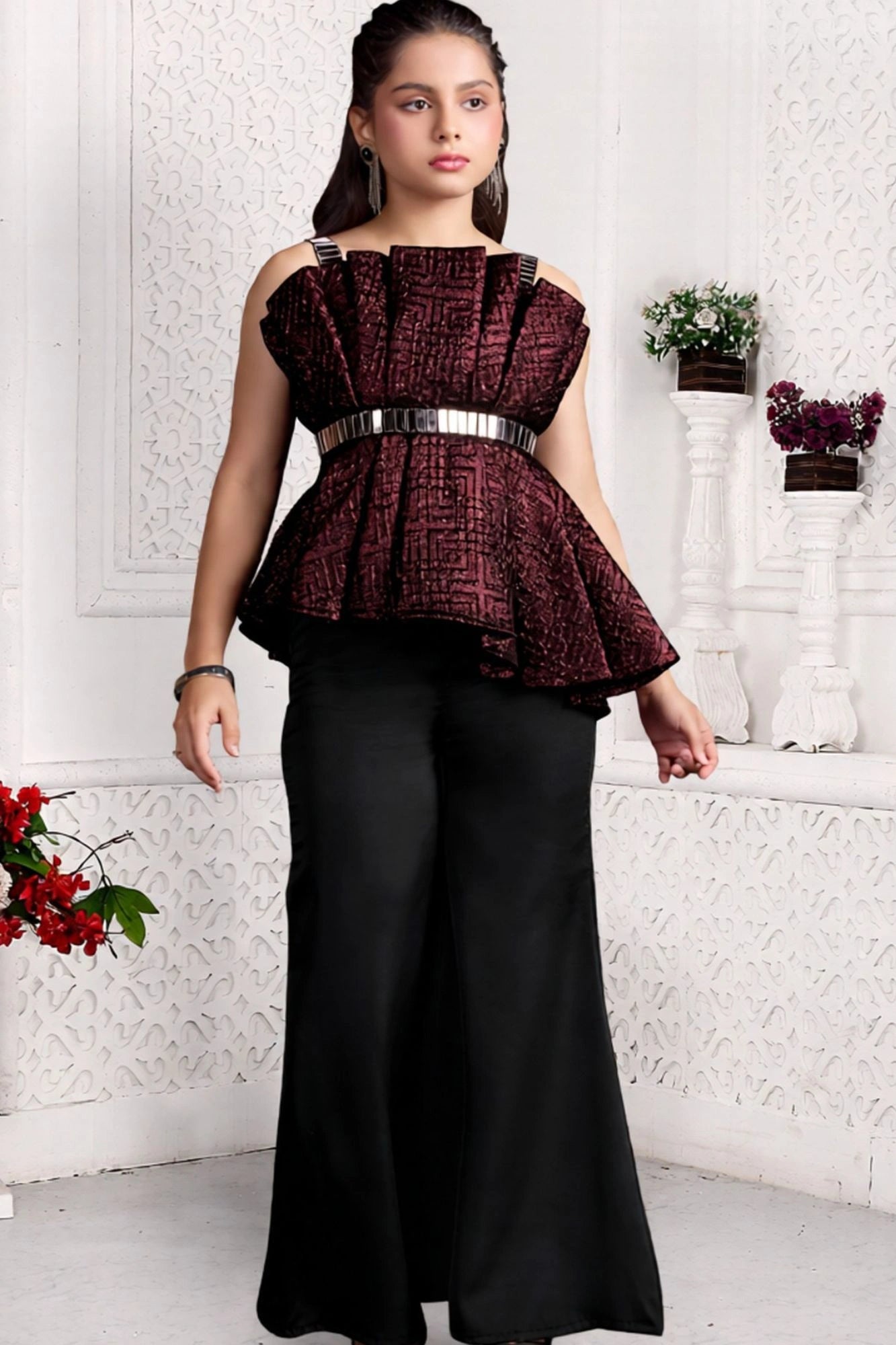 Metallic Maroon Pleated Top with Pants For Girls