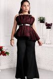Metallic Maroon Pleated Top with Pants For Girls