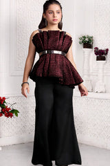 Metallic Maroon Pleated Top with Pants For Girls