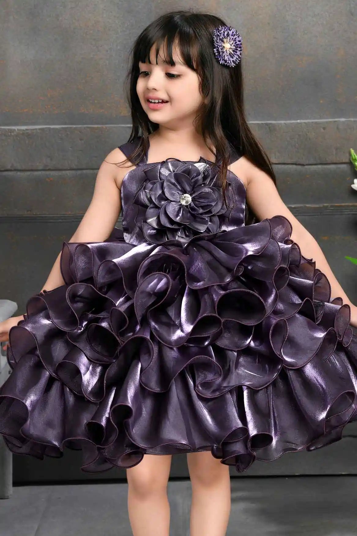 Purple Satin Partywear Frock With Flower Embellishment For Girls
