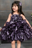 Purple Satin Partywear Frock With Flower Embellishment For Girls