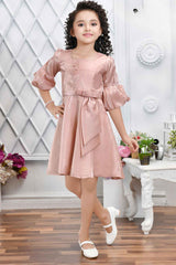 Peach Satin Frock With Floral Embellished For Girls